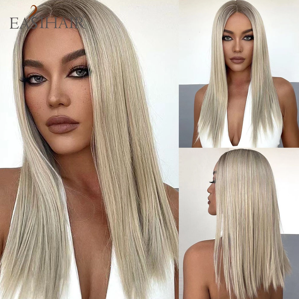 

EASIHAIR Ombre Light Blonde Lace Front Wigs with Baby Hair Long Silky Straight Synthetic Heat Resistant Natural Wigs for Women