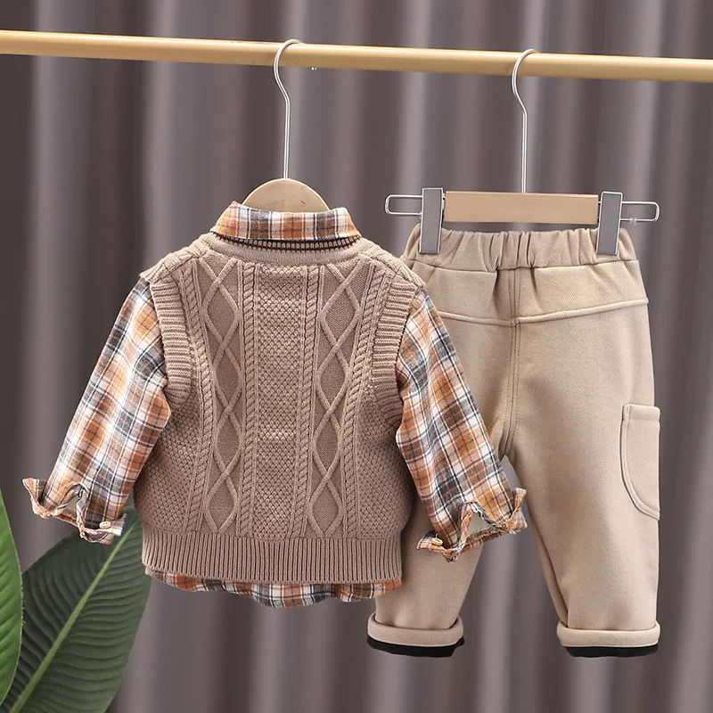 Traje de camisa de invierno para ni&ntilde;os, vestido para beb&eacute;s, versi&oacute;n coreana de finales de oto&ntilde;o, su&eacute;ter de cachemira, tendencia de tres piezas-2
