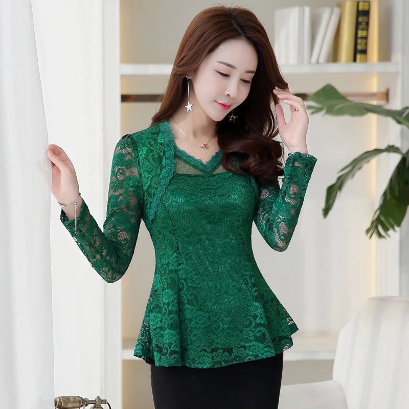 Женская кружевная рубашка облегающая блузка с длинным рукавом и кружевом модель