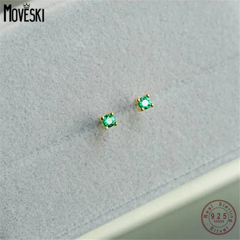 

MOVESKI 925 Sterling Silver Four Prongs Inlaid Green Zircon Stud Earring For Women Plating 14K Gold Bohe Fine Jewelry