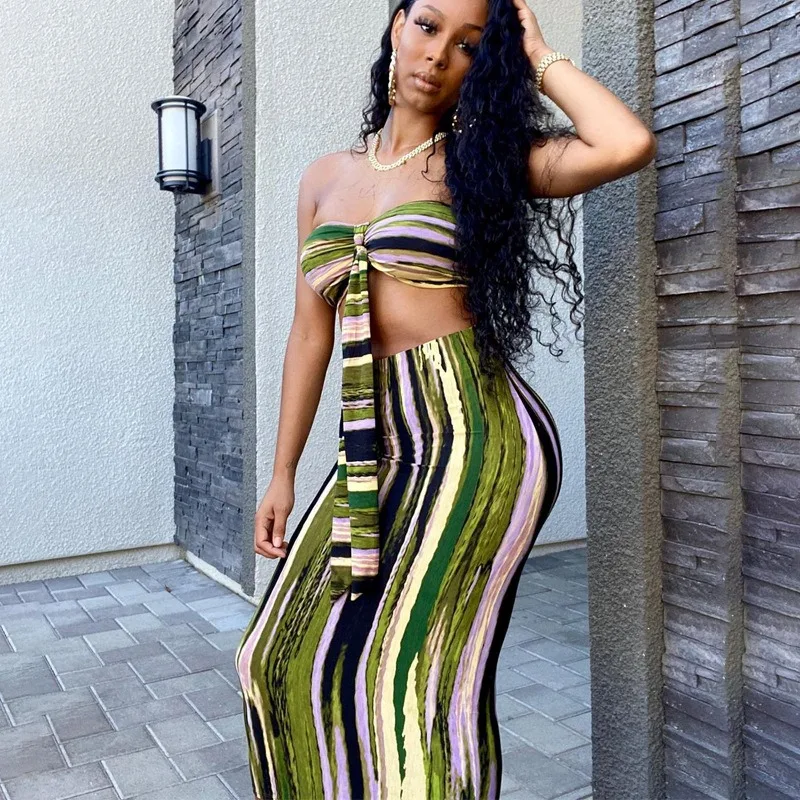 

Two Piece Sets Women Skirt Set 2021 New Cropped Top And Long Skirt Bodycon Cut Out Casual Partywear Co-ord Outfits