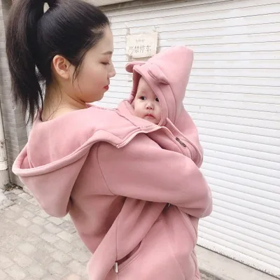 Maternity Hooded Kangaroo Pregnant Women Baby Carrier Jacket Outerwear Coat Zipper Hoodies Carrier Thicken Velvet Clothes 2022