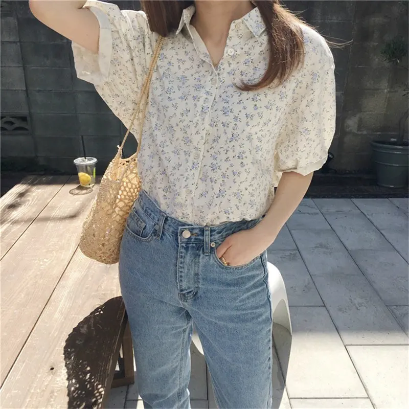 

Alien Kitty Women Fresh Florals Short Sleeves Summer Chic 2021 Casual Hot Fresh Brief Lapel Loose High Street Feminine Shirts