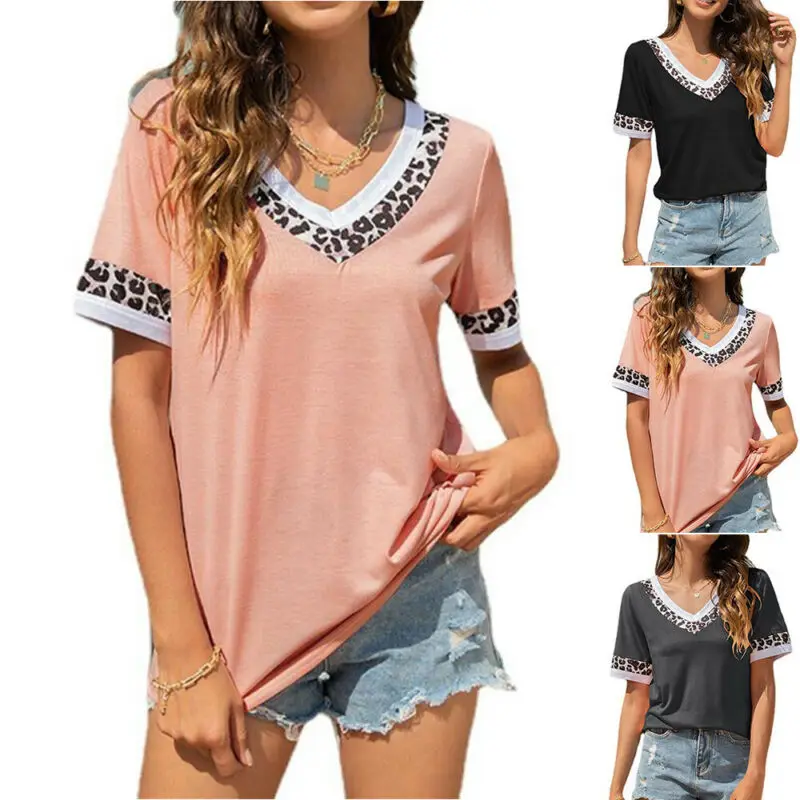 

2021 Black Tops Tees Leopard Print Women's T Shirt Patchwork V-Neck T-Shirt Female Short Sleeve Summer Women Clothing
