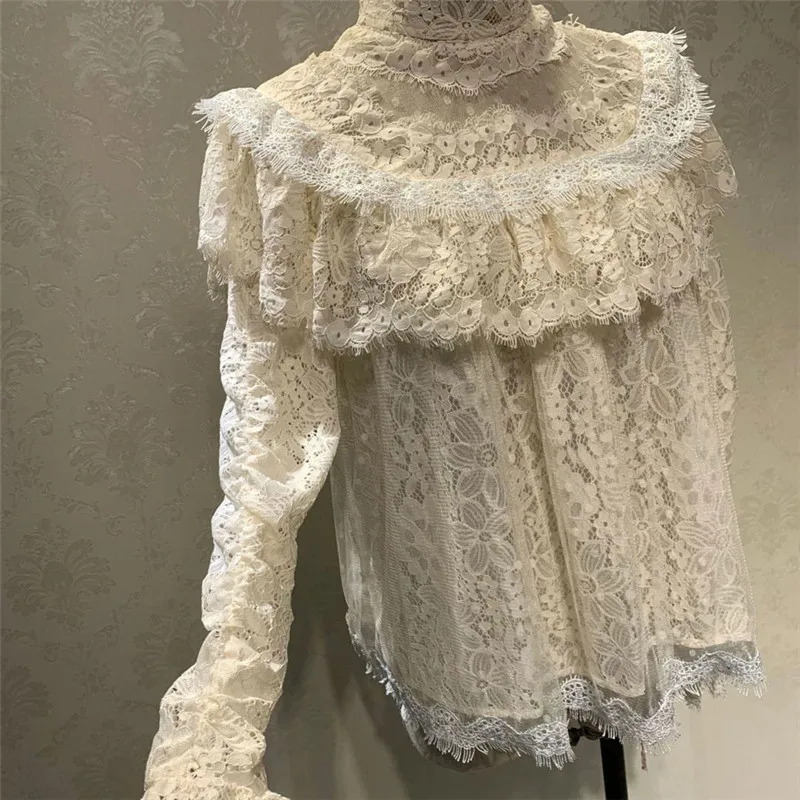 Blouse Autumn Runway Designer Two Piece Set Women Long Sleeve Lace Blouse+ Irregular Printed Skirt Set - Цвет: Blouse