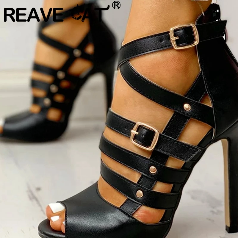 Женские римские босоножки REAVE CAT черные Коричневые с пряжкой на щиколотке 10 см