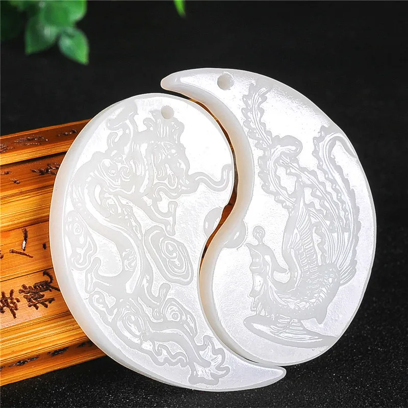A Pair Dragon Phoenix White Jade Pendant Chinese Necklace Hand-Carved Natural Charm Jewelry Fashion Amulet for Men Women Gifts