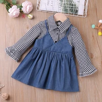 2022 spring autumn shirt lapel plaid stitching denim long sleeved casual dress baby girl clothes for newborn