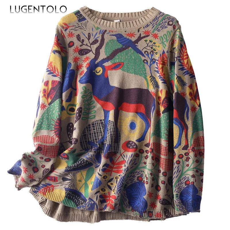 

Женский свитер Lugentolo с винтажным принтом, тонкие Весенние новые свободные повседневные модные пуловеры с круглым вырезом и длинными рукава...