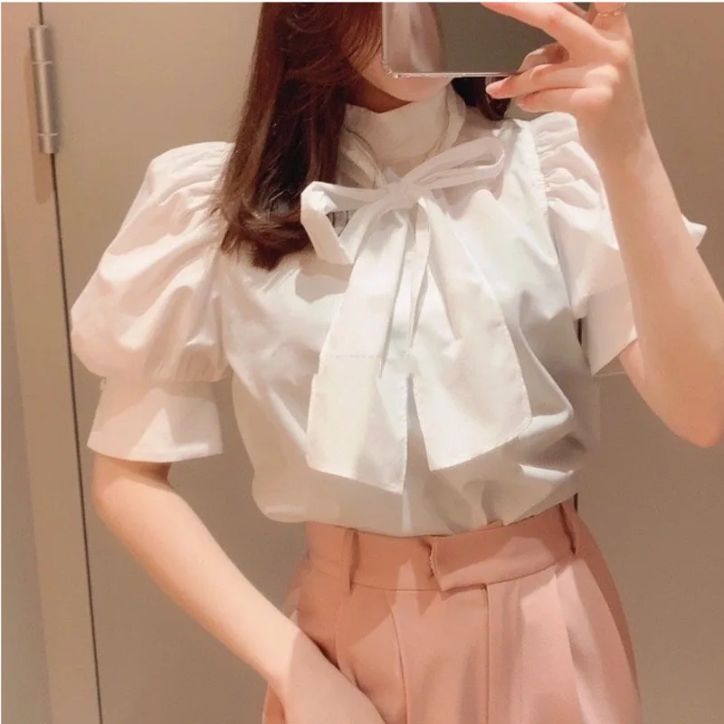 

Bowknot Stand Neck Puff Half Sleeve Solid Blouses Spring Summer Fresh Sweet Women Shirts Temperament Office Fashion Lady Top New