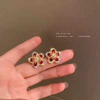 925 silver earrings with diamond red flower earrings french retro small earrings petals fashion earrings womens gift