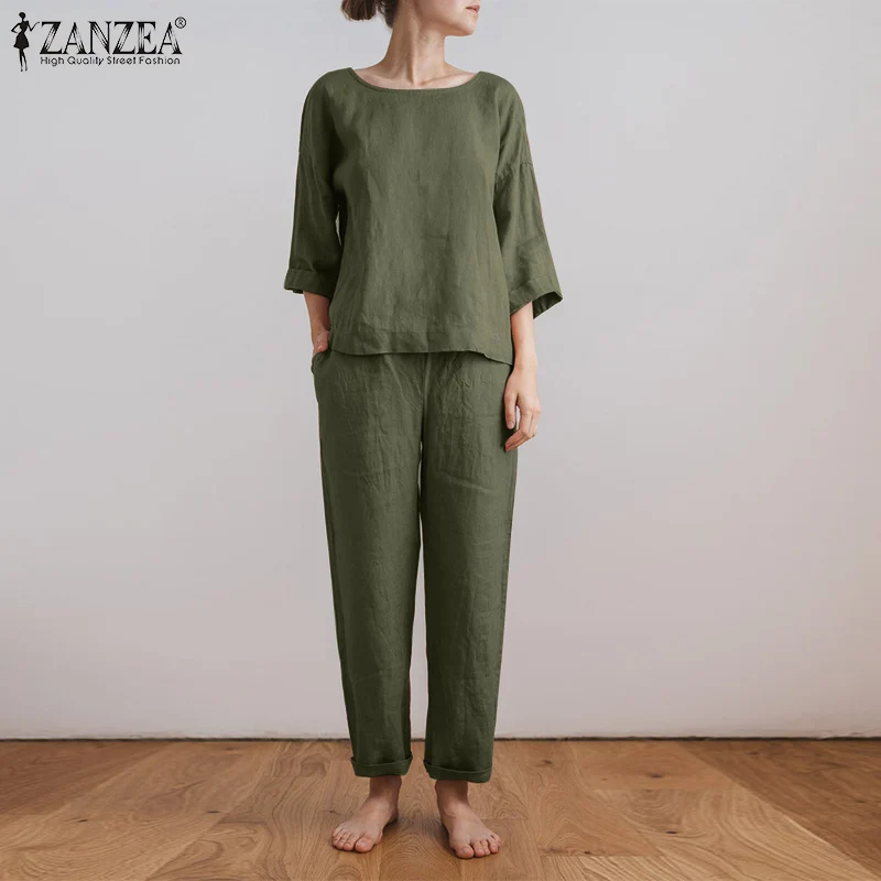 

Women Casual 3/4 Sleeve Tops Elastic Waist Trouser ZANZEA Vintage Cotton Matching Sets Autumn Loose Solid OL Pant Sets Oversize