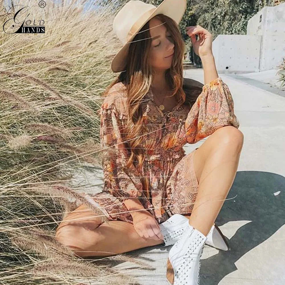 Женское мини платье с принтом Золотое повседневное пляжное длинным рукавом и