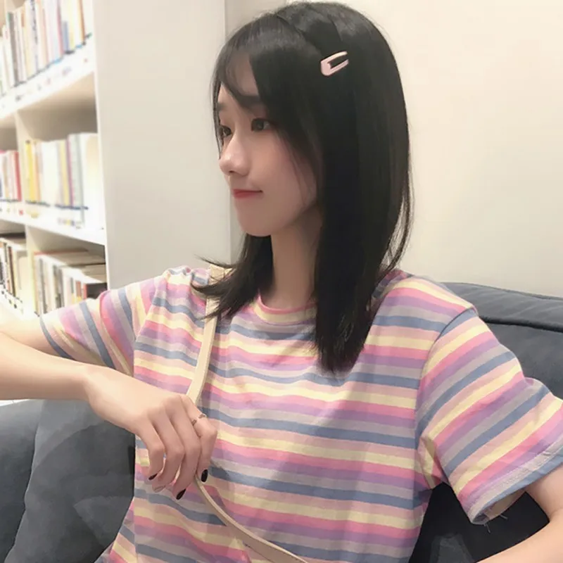 Футболка женская в радужную полоску модный топ хлопковая Базовая Свободная