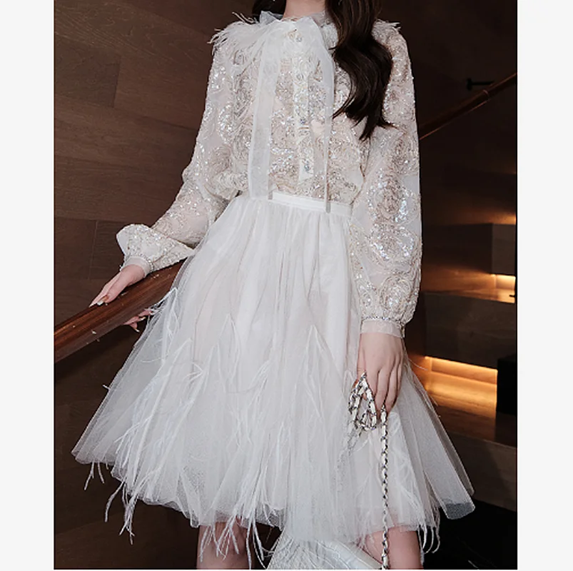 

Elegant Embroidery Long Sleeve Fairy Blouse Tops Feather Tassel Skirts 2021 Spring Retro Ladies Skirt Suit Two-Piece Set