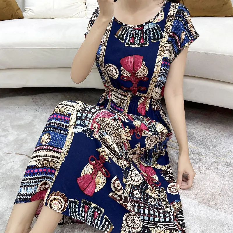 

Cotton silk dress Bohemian mid long bat sleeve round neck print Holiday Beach Dress