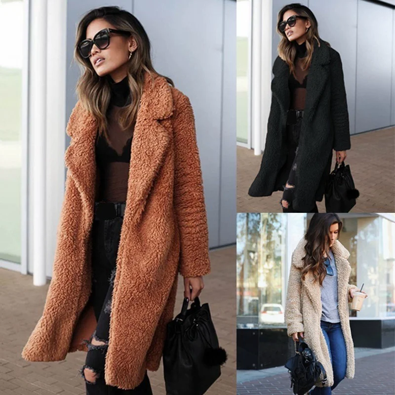 

Winter New Arrival Women Warm Coat Wool Blends Long Sleeve Outerwear Plush Cardigans Overcoats Femme Coats Fashion Streetwear
