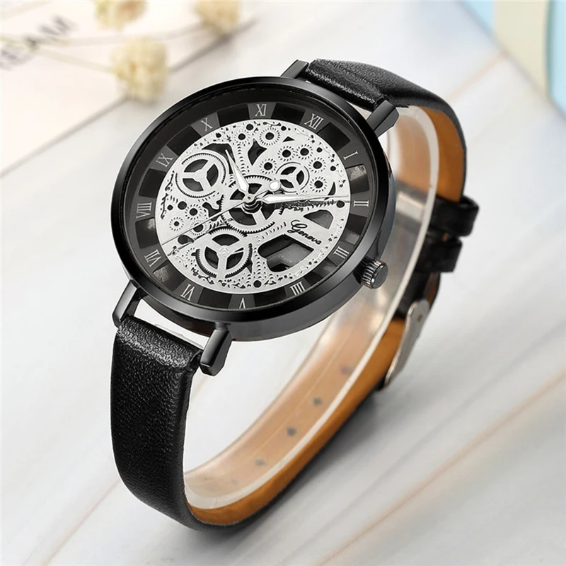Мужские и женские модные повседневные часы Relojes Hombre ажурные Изысканные с кожаным