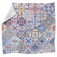 Moroccan Flannel Blankets Portuguese Mosaic Pattern White Blue And Red Spanish Style Bedspread Mexican Decor