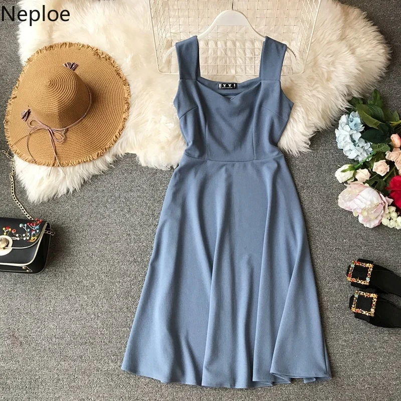 Летнее женское платье Neploe 2021 однотонное без рукавов с квадратным вырезом и