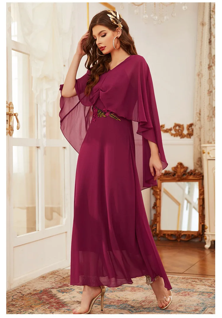 

2021 Woman Dress V-neck Sleeve Shawl Loose High Waist Embroidered Commuter Long Dress Vestido Feminino Maxi Dresses for Women