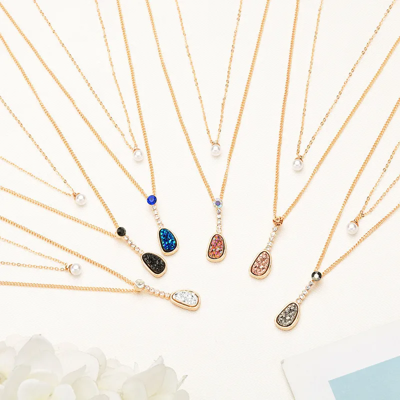 

Druzy Necklace Pendant For Women Natural Stone Double Layered Blue Beans Pearl Choker Necklaces Gold Color Jewelry