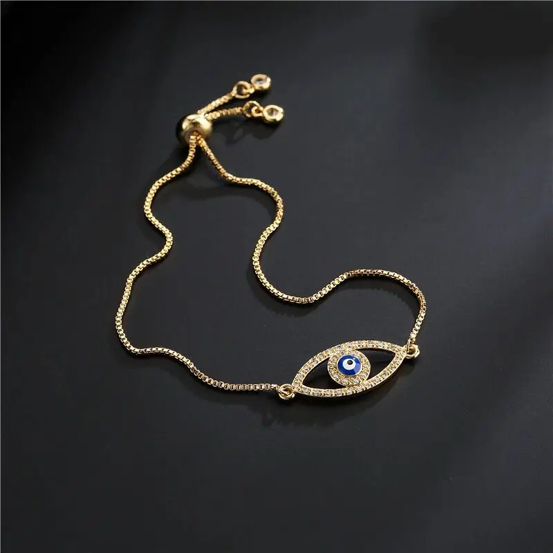 

Shiny Moon Dainty Hollow Evil Eye Pendant Design Bracelet Exquisite Crystal Gold Plated Thin Chain Gemstone Jewelry For Girls