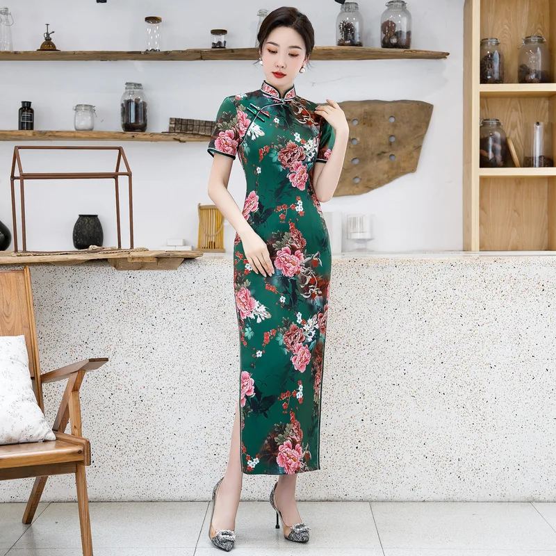 

FZSLCYIYI модное из вискозы Cheongsam китайское классическое женское Qipao элегантное зеленое повседневное длинное платье с коротким рукавом и принто...