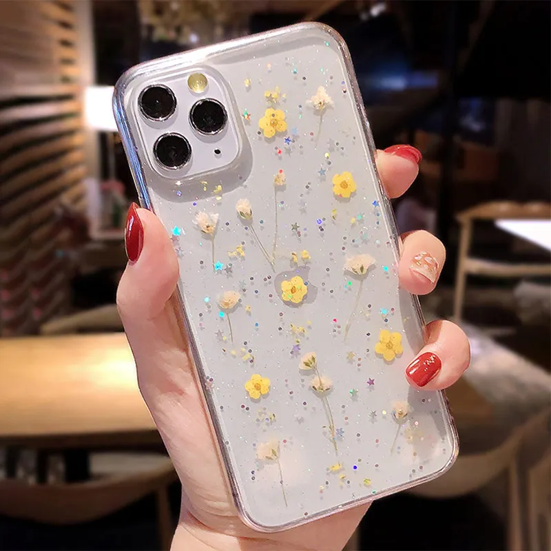 

Real Floral Clear Glitter Silicone Phone Case For iPhone 11 Pro MAX XS X XR 7 8 Plus SE2 2020 Dried Flower Shockproof Soft Cover
