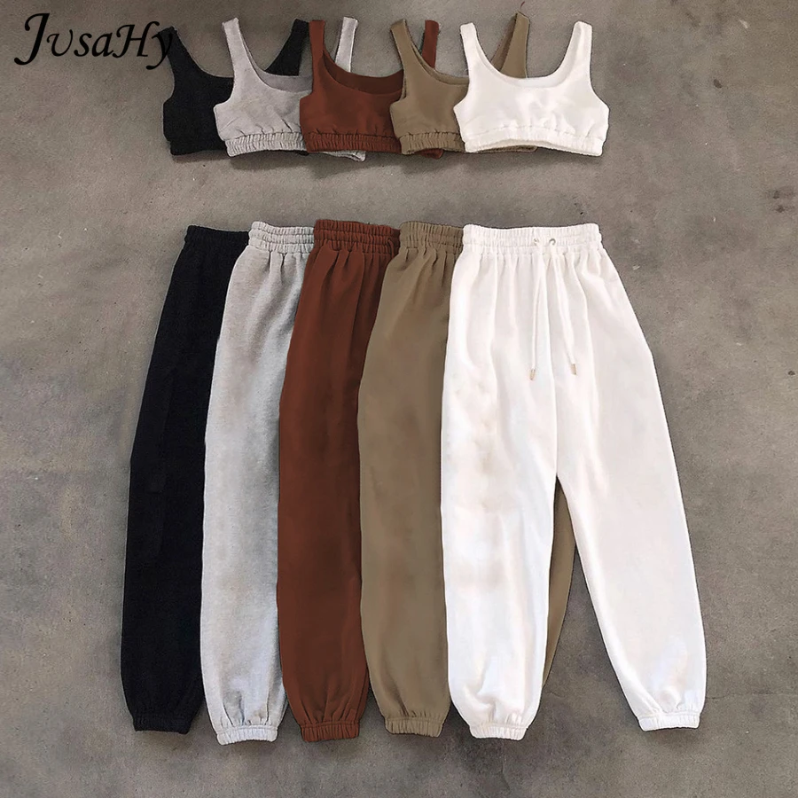 

JusaHy Simple Cotton Casual Solid Slim Stretch Two Piece Sets Women Sports Crop Top+High Waist Lacing Slack Streetwear Tracksuit