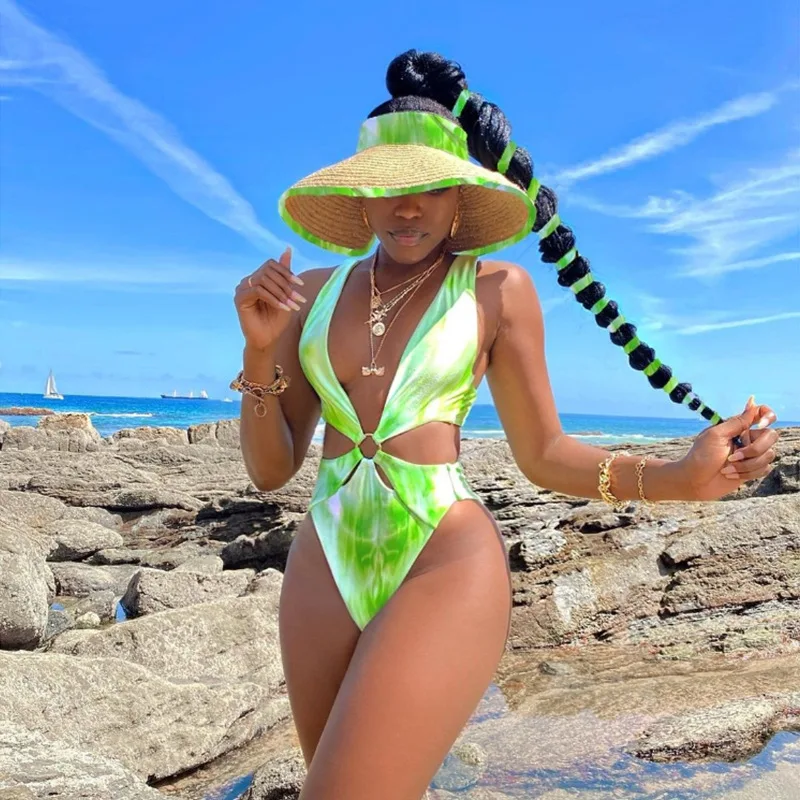 

2021 Sexy Green Gradient One Piece Swimsuit Hollow Out Swimwear Women Swimsuit Push Up Bathing Suit Beachwear Monokini Bodysuit