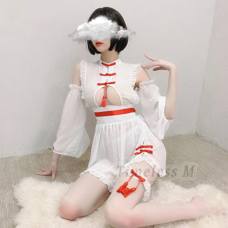 

Hot sale 4pcs/set Cheongsam Lingerie Maid Cosplay Sexy costumes Perspective Classical Erotic Lace Outfit SM porno suit women