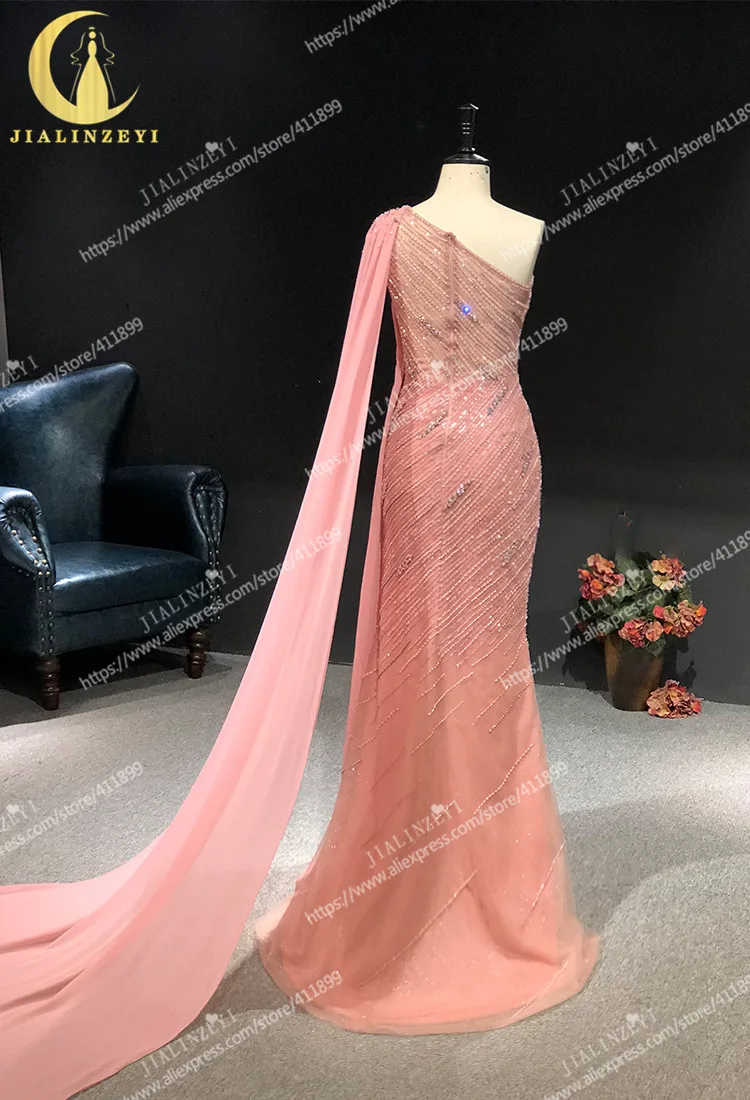 2021 Rhine real Pictures one shoulder pink mermaid beads luxurious sexy evening dress long formal dresses