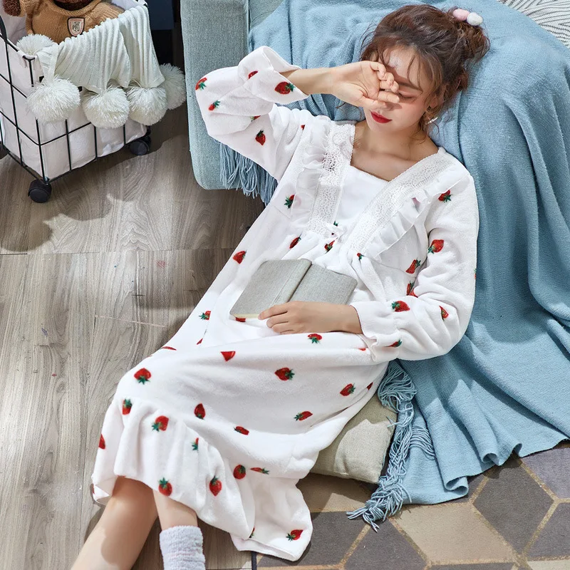 Ночное Платье с принтом юката Осень-зима 2020 утепленная фланелевая Домашняя