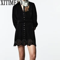 za womens 2021 chic fashion embroidery hollowed out mini dress retro long sleeve with belt womens dress vestidos mujer