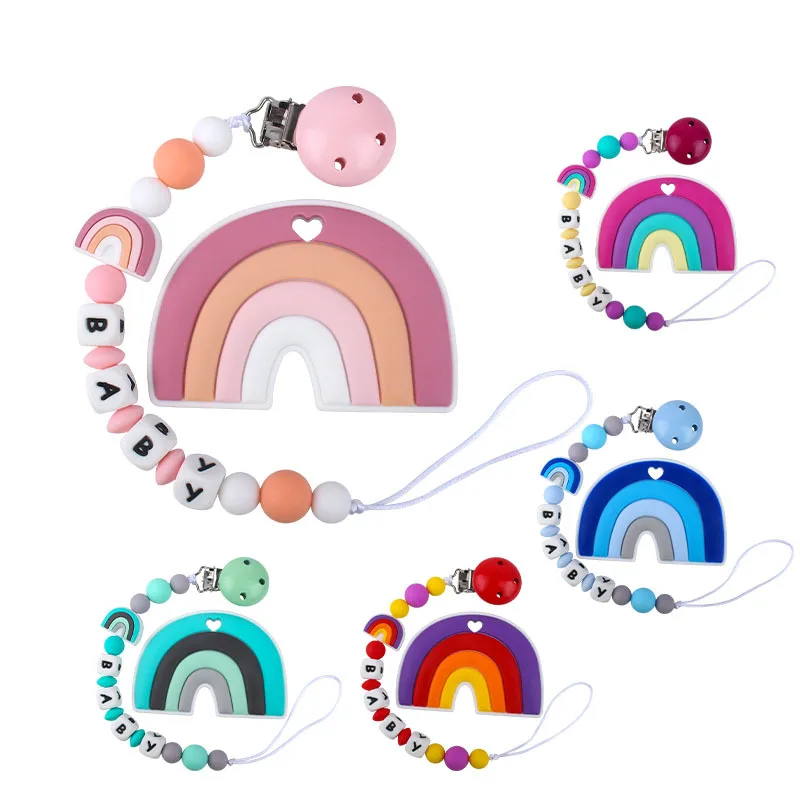 Coskiss-mordedor arco&iacute;ris de silicona, cadena de chupete, regalo para Baby Shower, collar de silicona para dentici&oacute;n, sin BPA-4