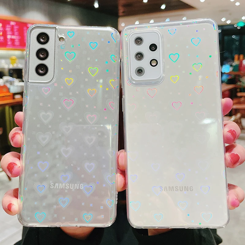 Gradient Laser Love Heart Pattern Clear Phone Case For Samsung Galaxy A32 5G A52 A72 A51 S21 S20 Ultra S20FE Note 20 Ultra Cover