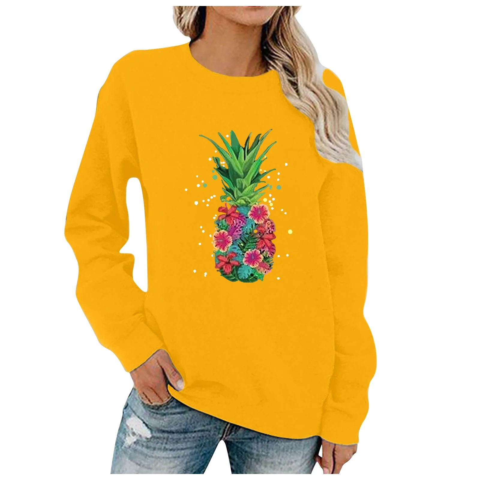 Женские Простые топы с круглым вырезом топ мультяшным принтом ананаса и длинным