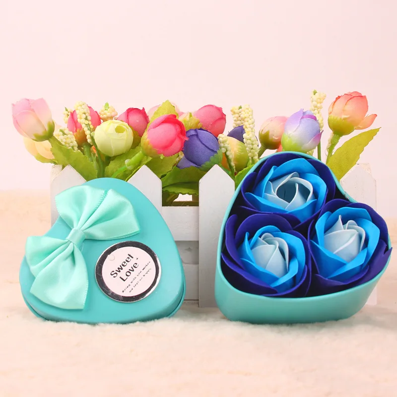 

3pcs Rose Soap Flowers Heart-shaped Tin Box Wedding Decoration Gift Home Decor Wedding Artificial Flower