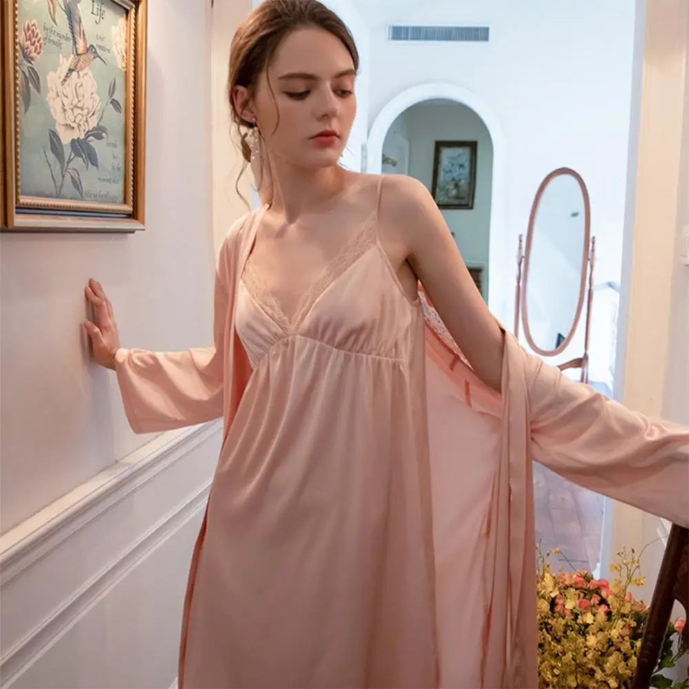 

Irene Tinnie women's French silk pajamas sexy suspender women's long sleeve lace cut out Nightgown home wear pijamas