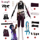Аниме LOL Arcane Jinx Костюмы для косплея Парик Лига Легенд костюмы для ролевых игр Джинкс Боевой Костюм Женщины Сексуальные Наряды Парики Хэллоуин Топ Брюки Аксессуар Полный Набор Готическая форма