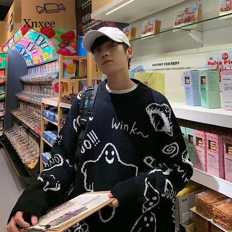 Мужской свитер в стиле хип хоп мультяшный Повседневный Свободный вязаный