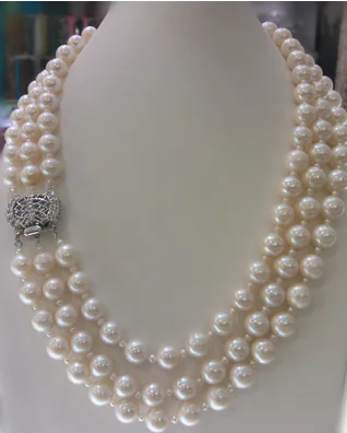 wholesale 3 rows natural AA 9-10mm white round freshwater pearl and nice clasp necklace