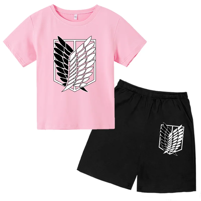 

2021 Summer Hot Anime Attack On Titan Graphic T Shirts Boy Kawaii Cotton Tops Graphic Tees Harajuku Two-Piece Suit 2-14 Year Old