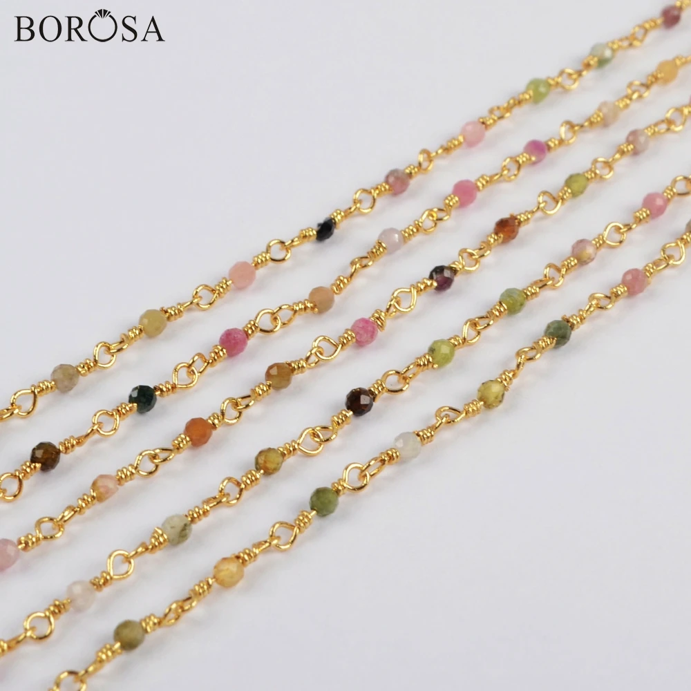 

BOROSA 3Meters 2mm Natural Tourmaline Beads Faceted Chains Natural Stone Bead Brass Chains In Gold Color Jewelry Findings JT245