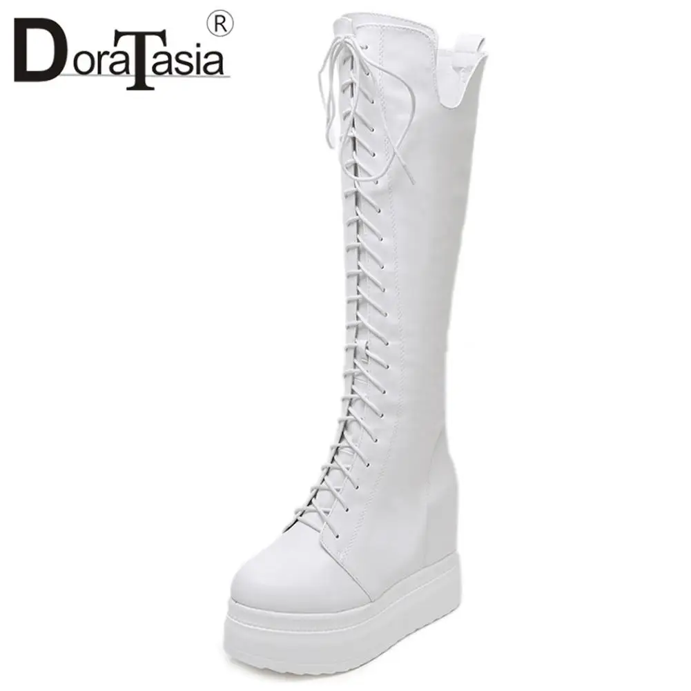 DORATASIA Brand Female Height Increasing Motorcycle Boots Fashion Zip Platform Knee High Boots Women Party Wedges Shoes Woman