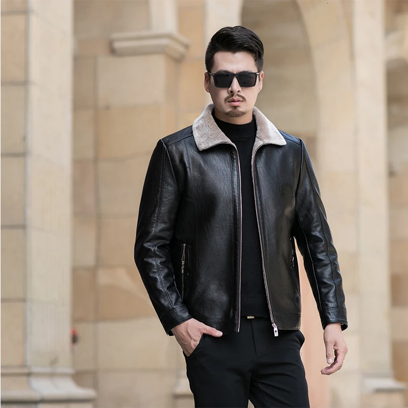 

high quality Motorcycle jacket Warm Winter Sheepskin Men's Leather jacket Men Leisure Fur coat Men wool Real Leather coat