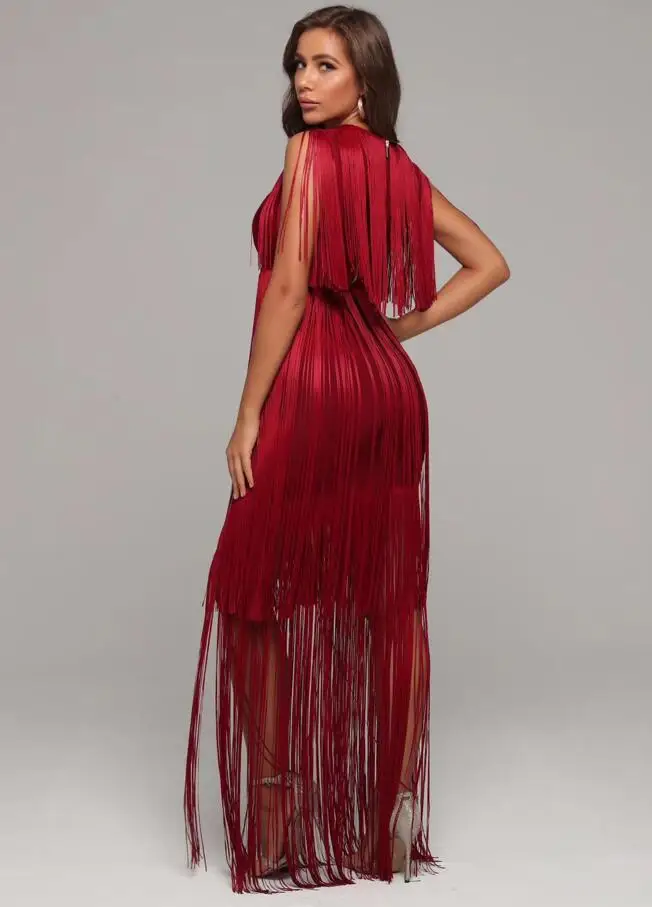 

Women Bodycon Rayon Bandage Dress 2020 Sexy O Neck Tassel Burgundy Maxi Long Designer Elegant Evening Party Dress Vestido
