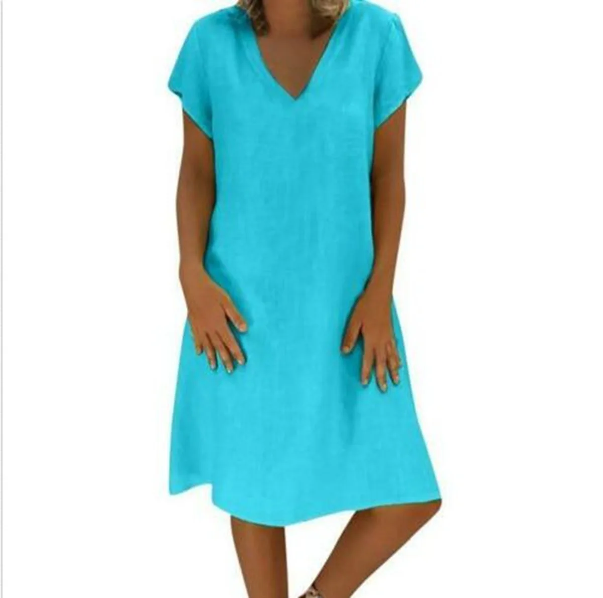 

Summer Women Dress Basic Short Sleeve V-neck A-line Dress