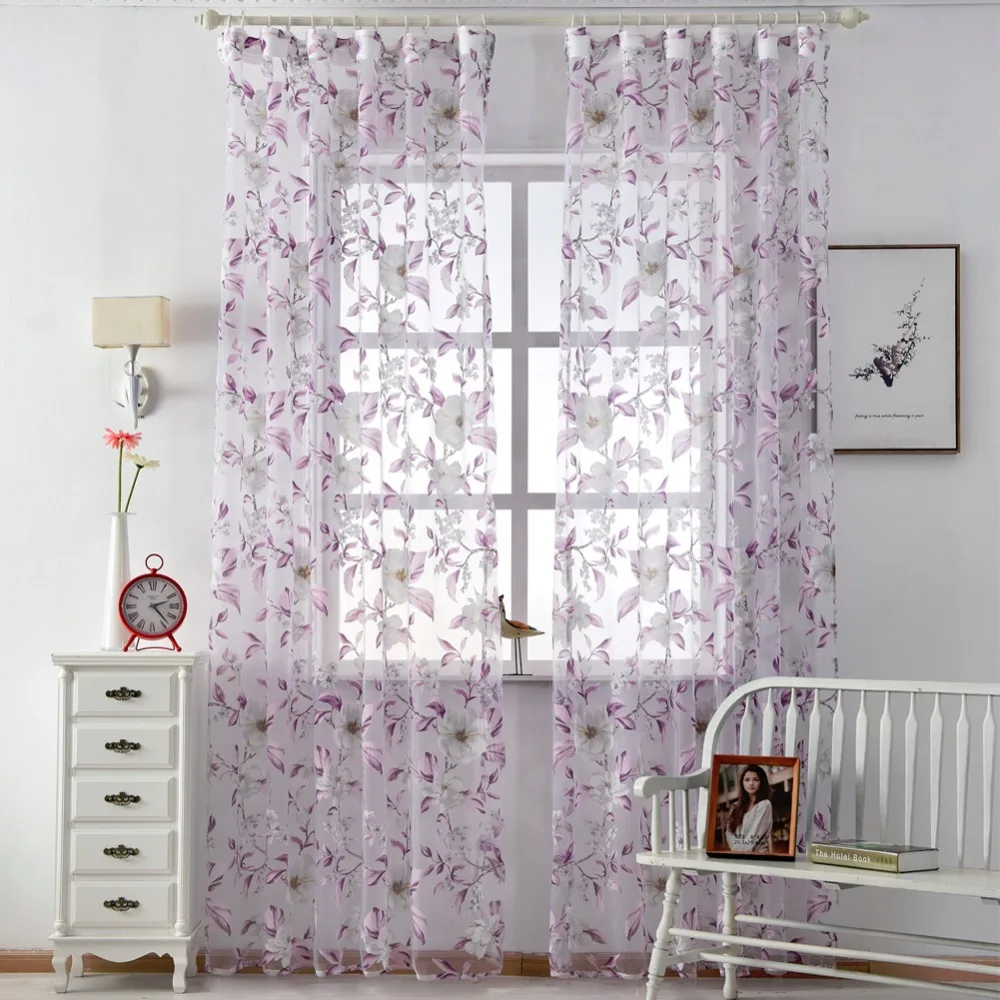 Floral Tulle Curtain For Living room Bedroom Printed Voile Sheer Window Treatment Purple for Kitchen Blinds Drapes | Дом и сад